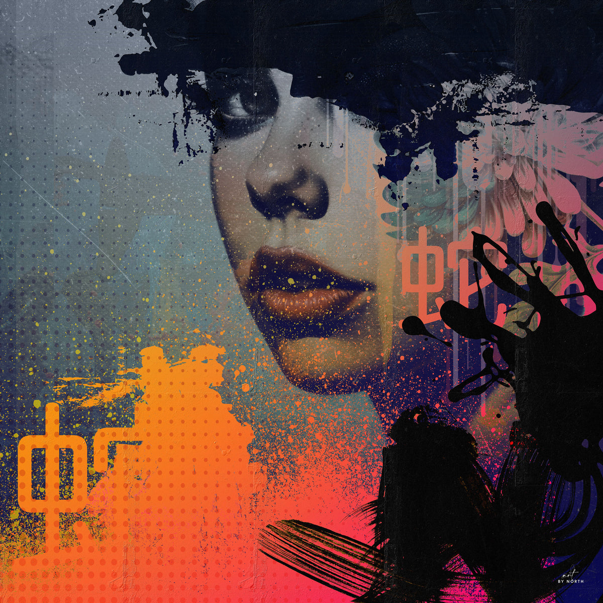 modern wall art with abstract portrait female face bold colors dark textures and layered composition