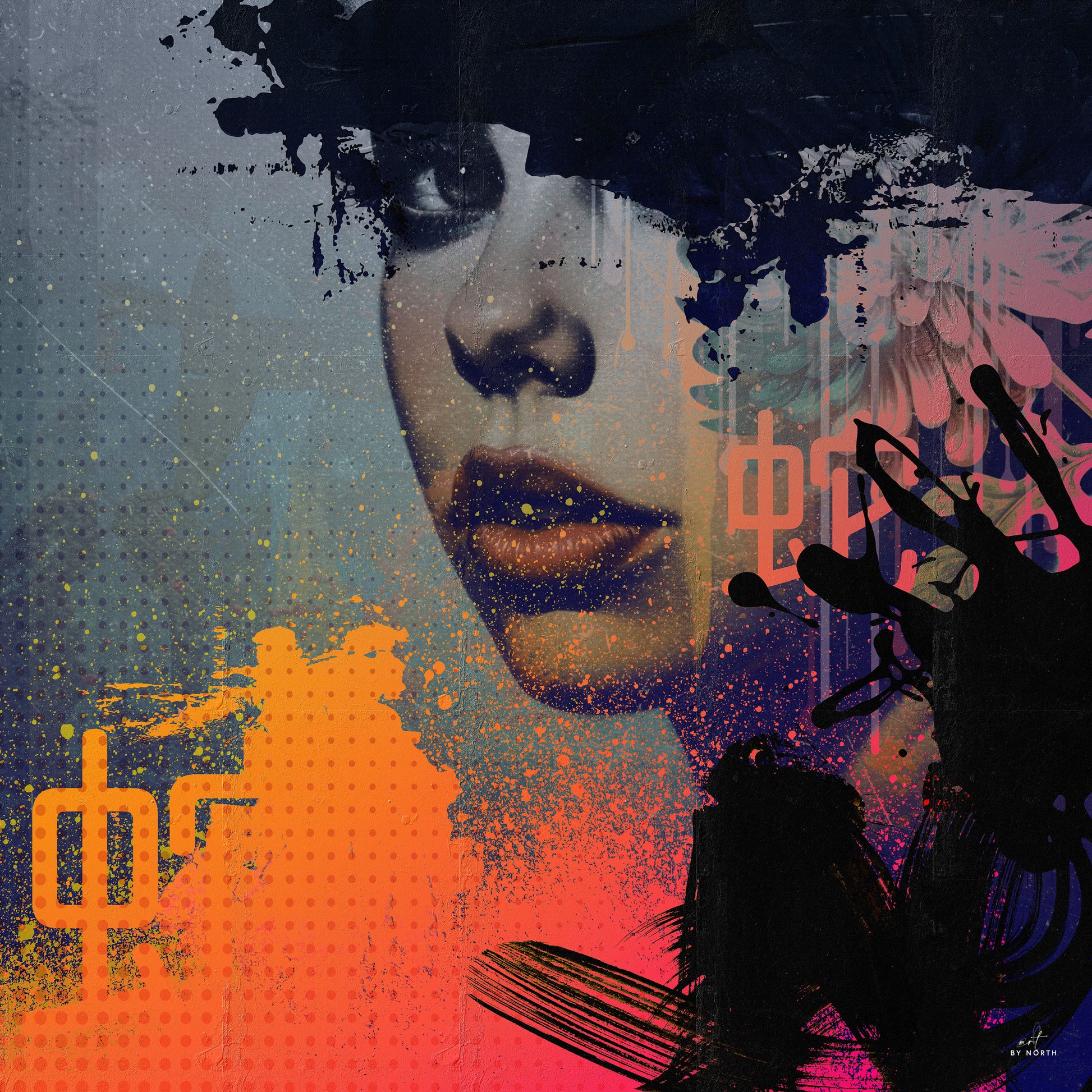 modern wall art with abstract portrait female face bold colors dark textures and layered composition