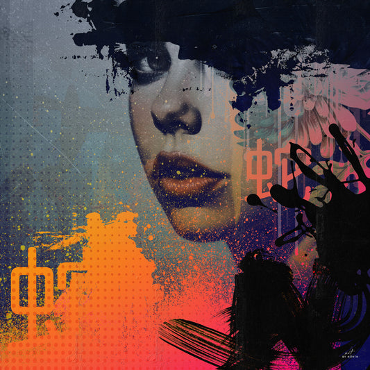 modern wall art with abstract portrait female face bold colors dark textures and layered composition