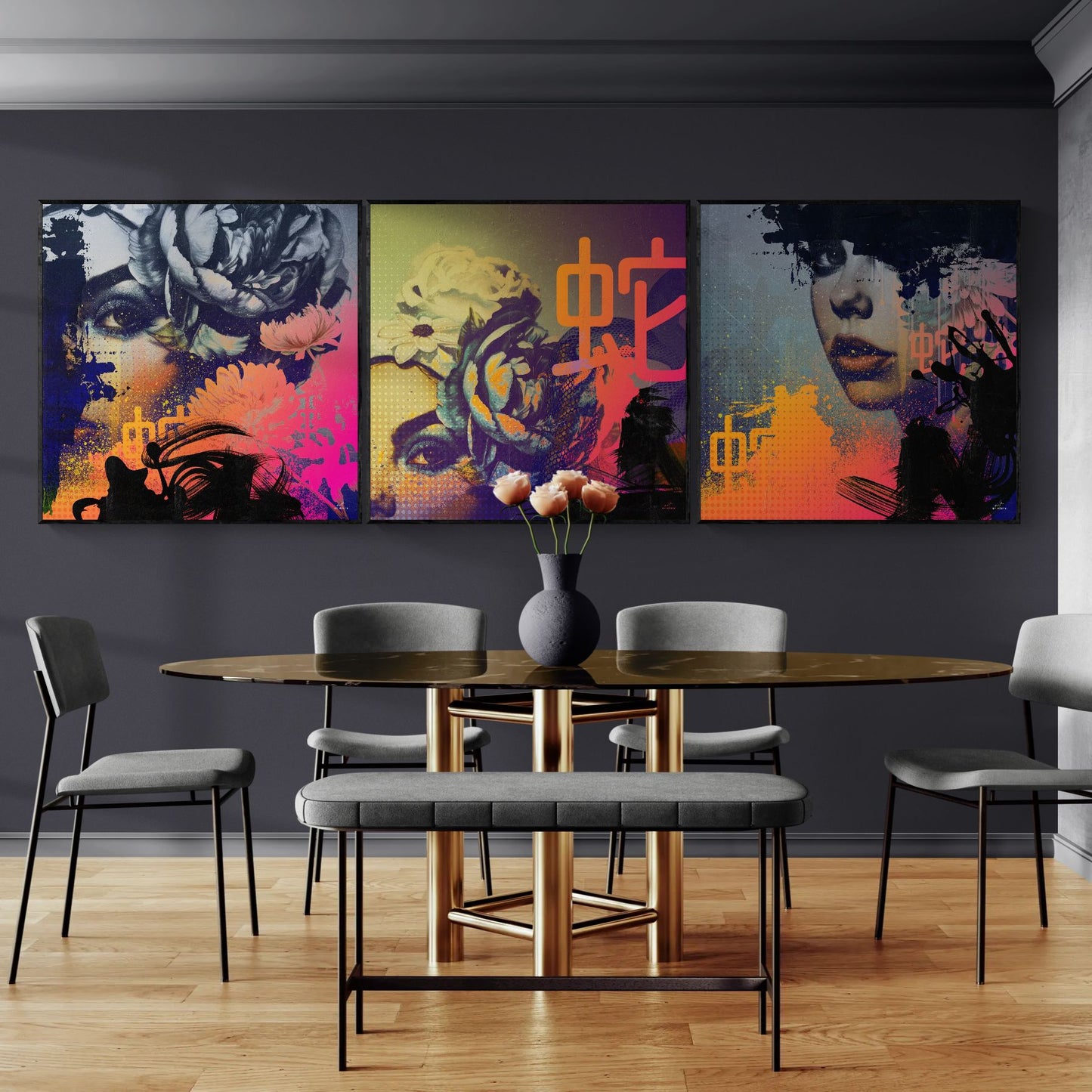 Flora Obscura triptych canvas wall art displayed above a modern dining table, featuring dark botanical forms, vivid color and graphic abstract details.