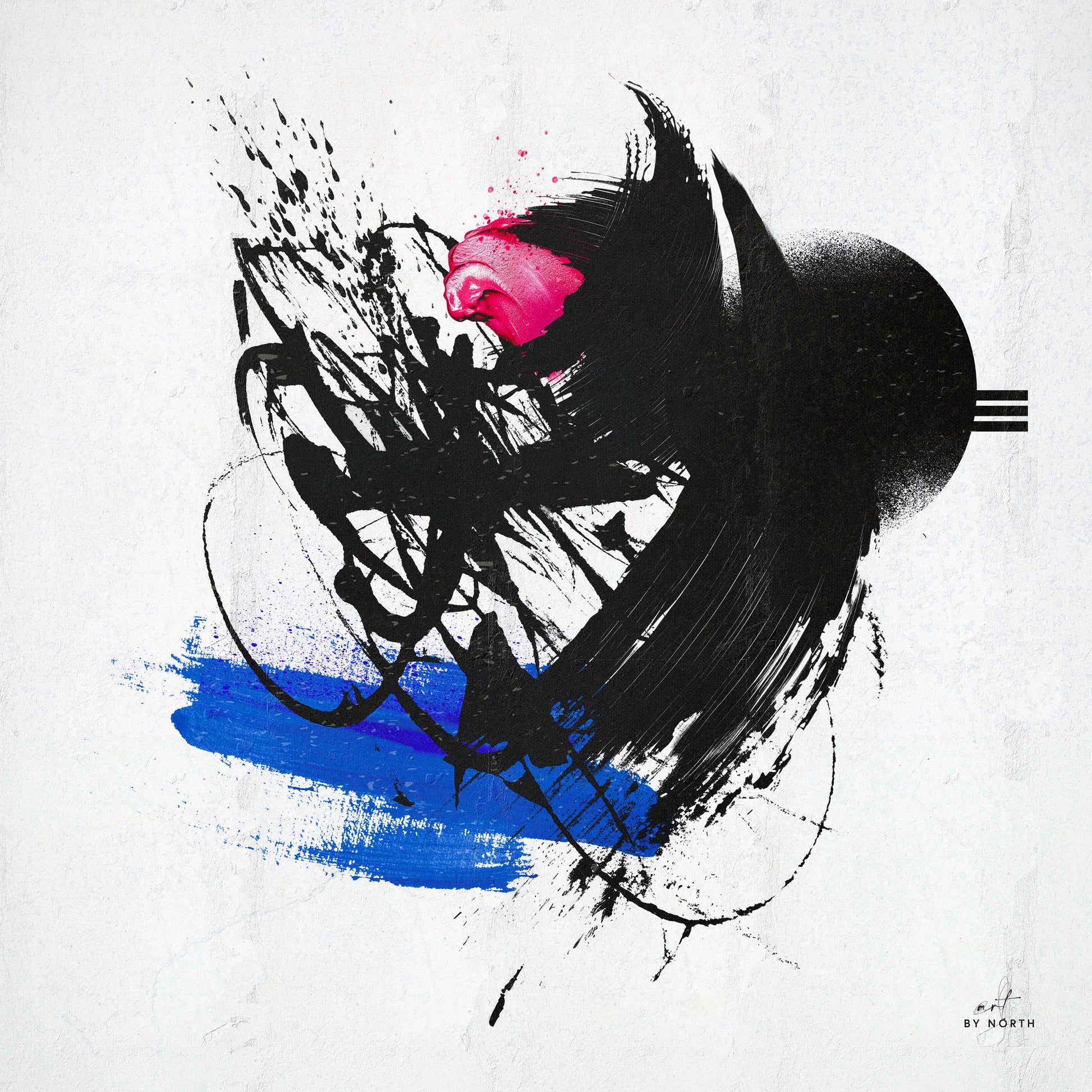 Contemporary wall art with abstract geometric composition black brush strokes blue and pink accents on light background