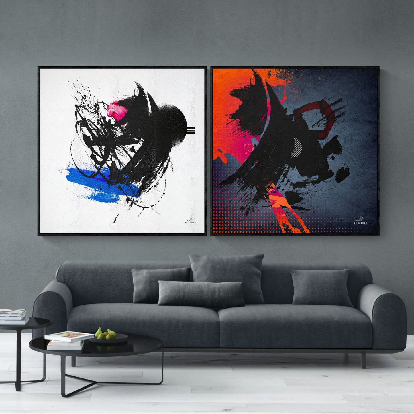 Abstract canvas wall art bundle with Fragments and Fragments II, featuring bold black brushwork, vivid accents and modern contrast.