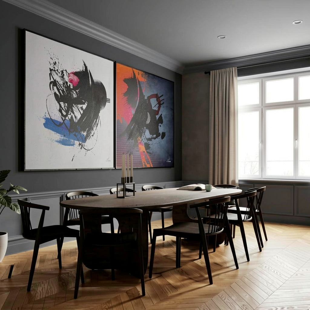 Bold abstract canvas wall art set with black brushstrokes, blue, pink and orange accents, styled in a modern interior.