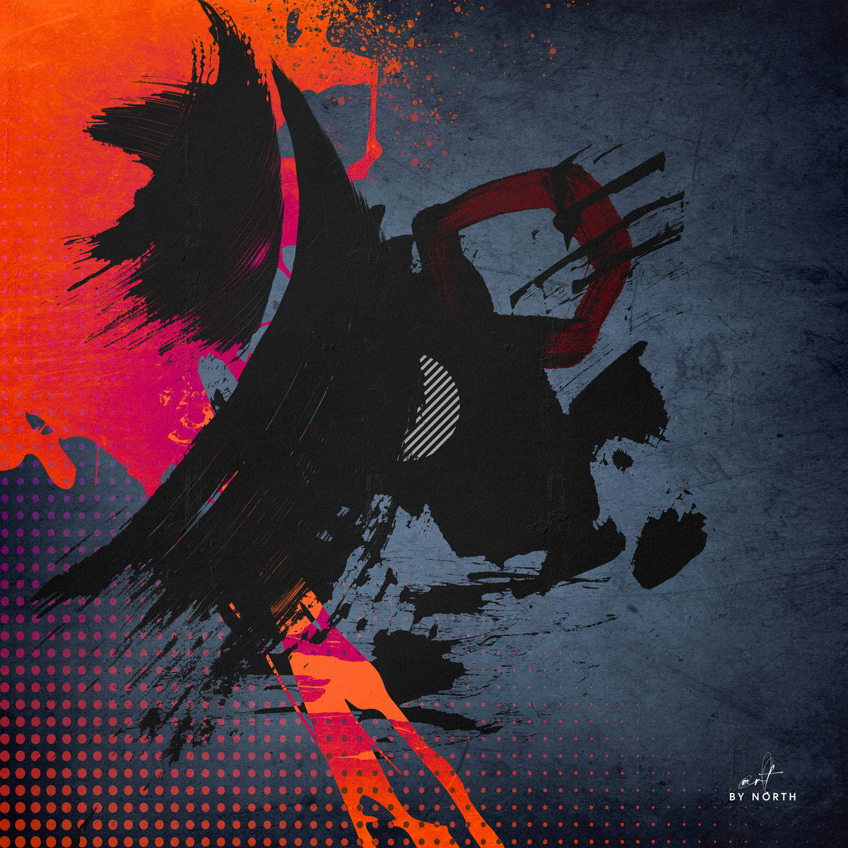 modern wall art with abstract composition dark blue background black shapes and red accents