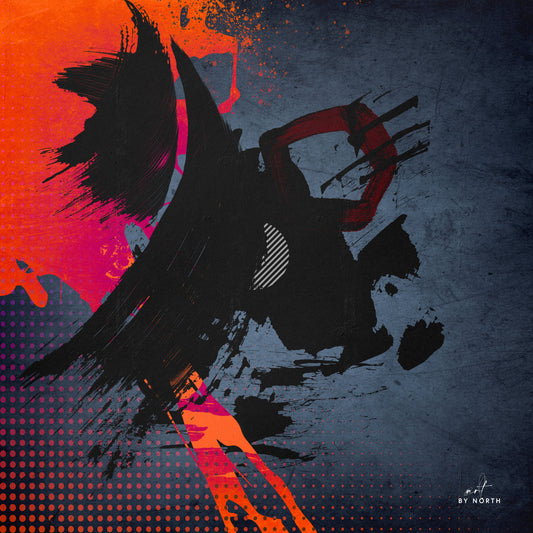 modern wall art with abstract composition dark blue background black shapes and red accents