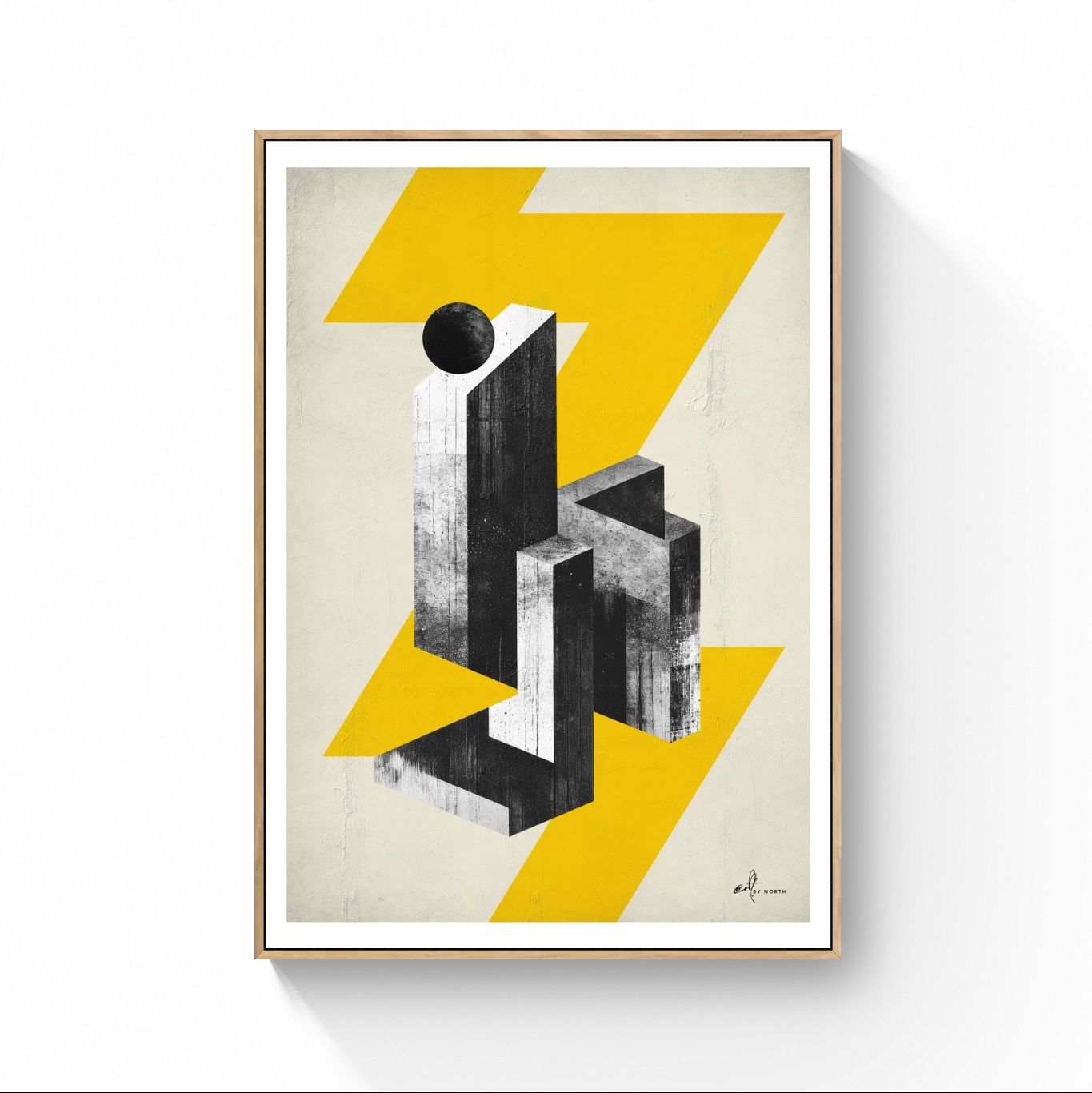 geometric abstract canvas wall art with oak floater frame on white wall