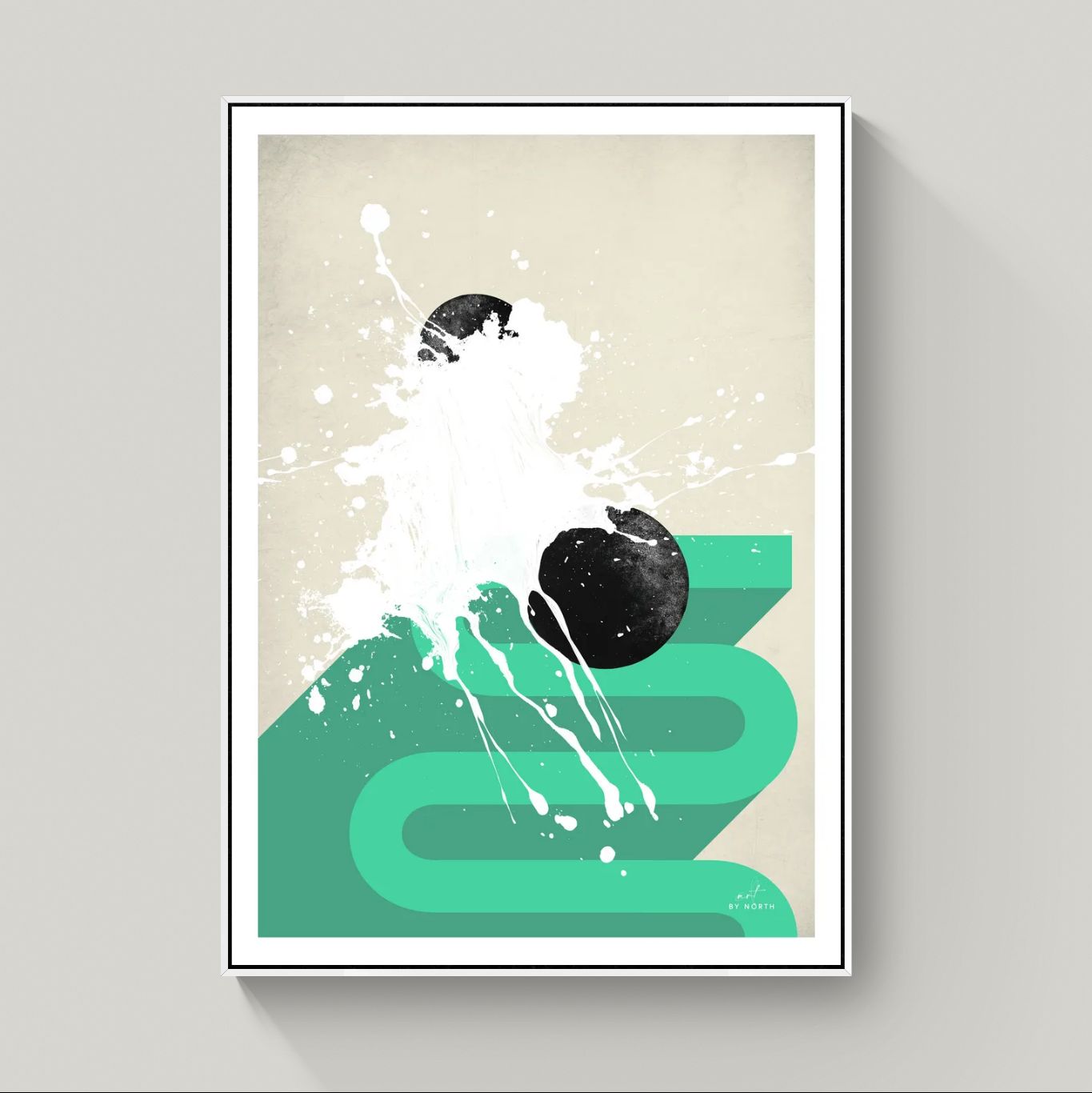 geometric abstract canvas wall art with white floater frame in bright modern interior