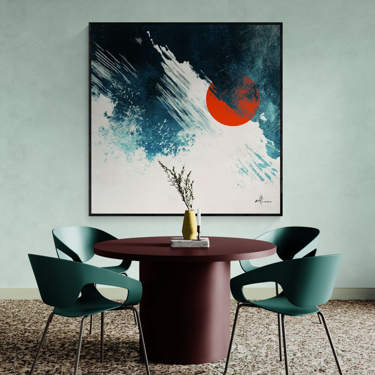 geometric abstract wall art in living room with blue tones white texture and bold red accent