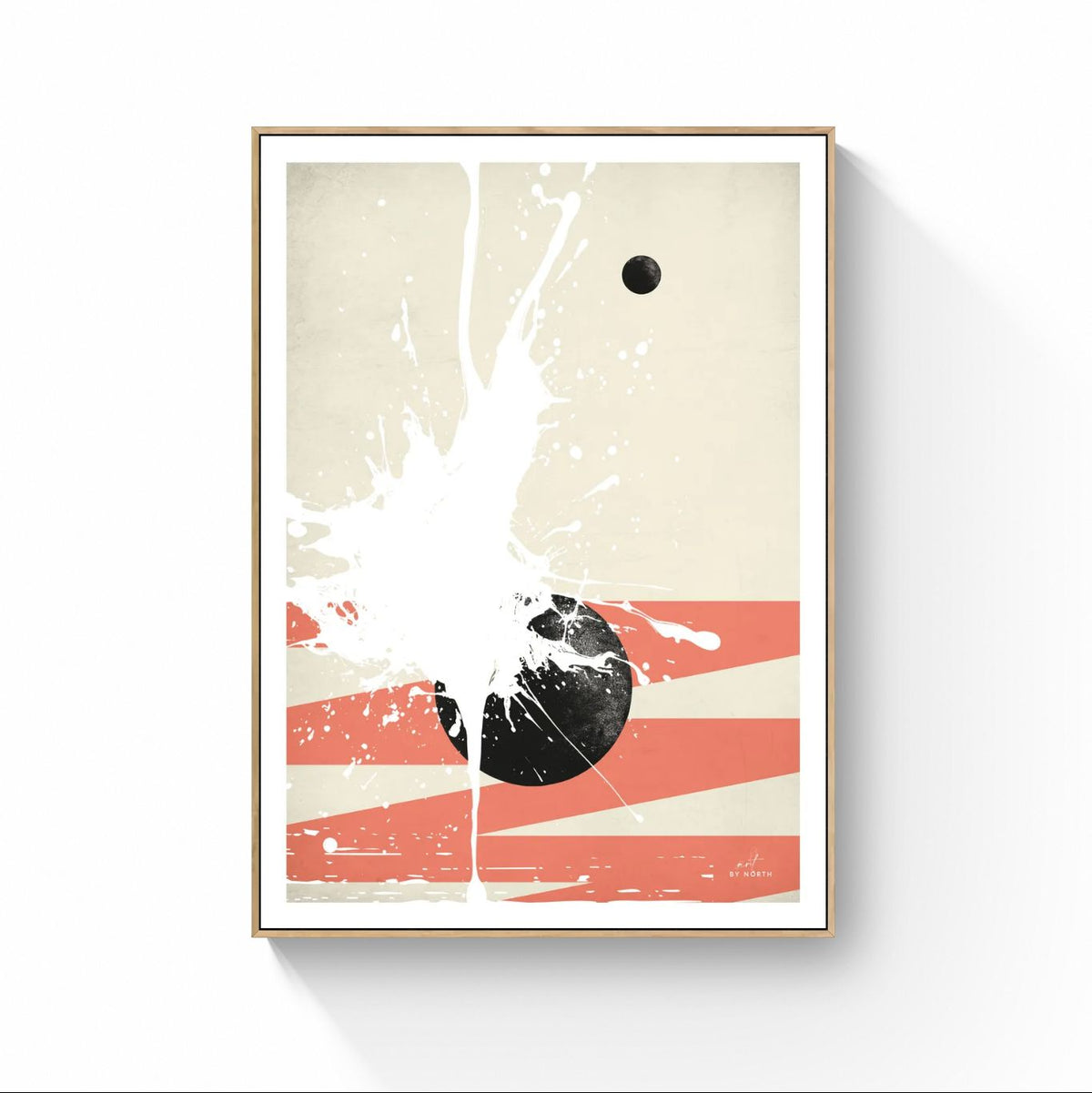 geometric abstract canvas wall art with oak floater frame in minimalist interior