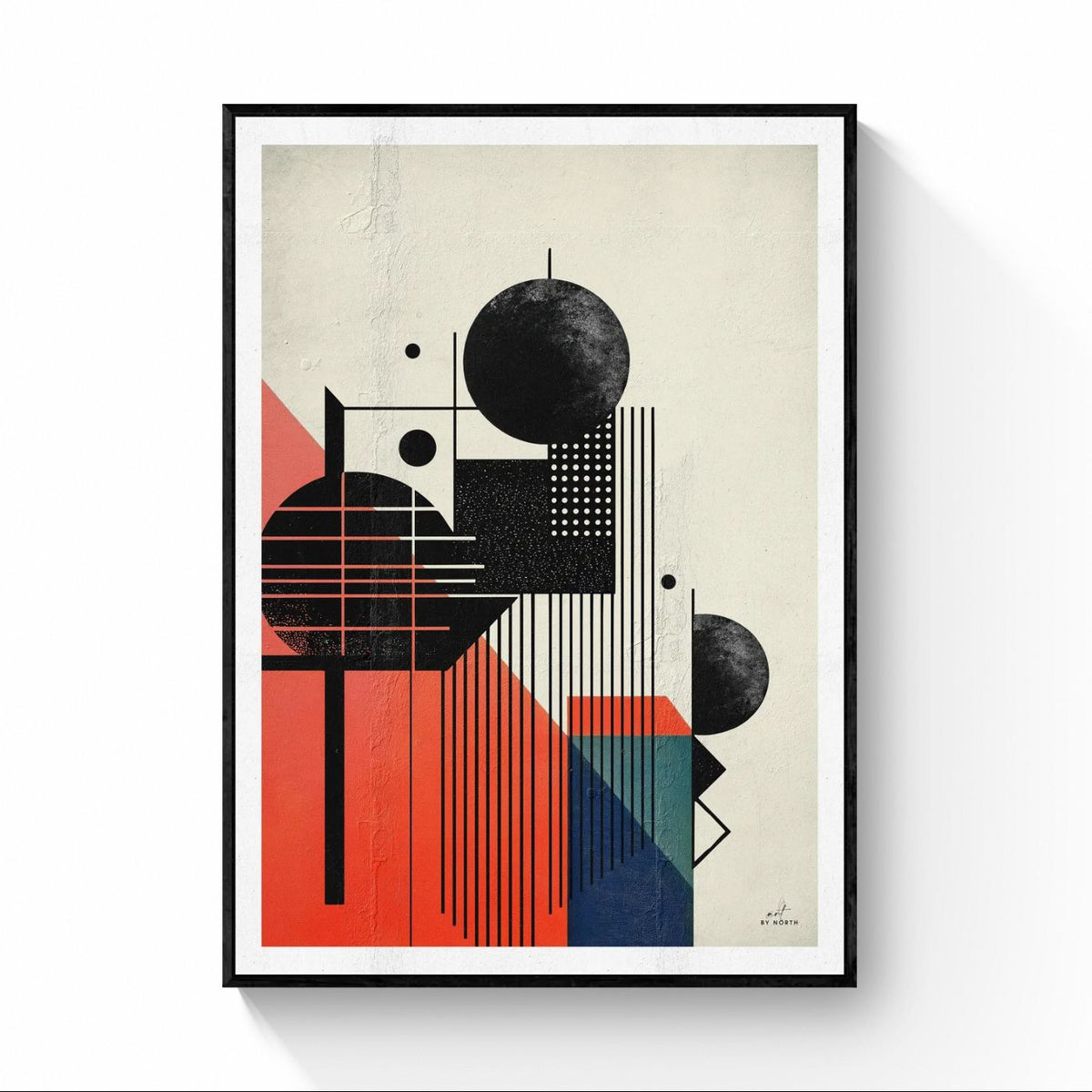 geometric abstract canvas wall art with black floater frame on neutral wall