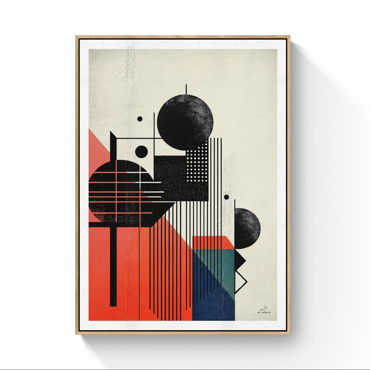 geometric abstract canvas wall art with oak floater frame on white wall