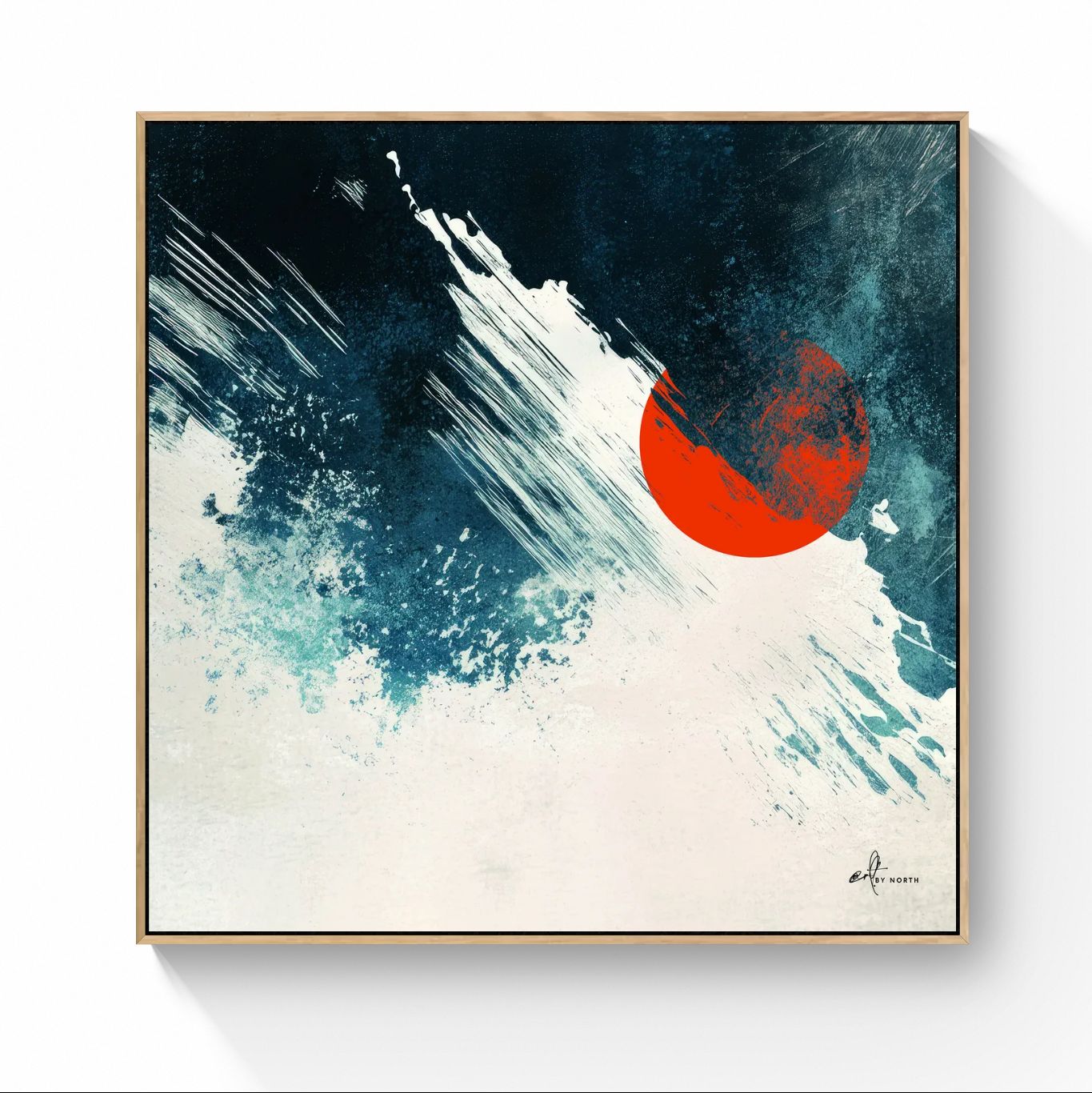geometric abstract canvas wall art with oak floater frame in warm modern setting