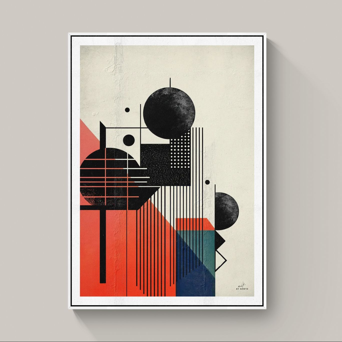 geometric abstract canvas wall art with white floater frame in bright modern interior