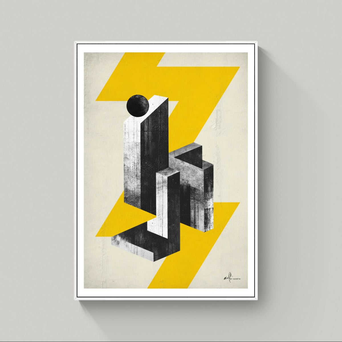geometric abstract canvas wall art with white floater frame in bright modern interior