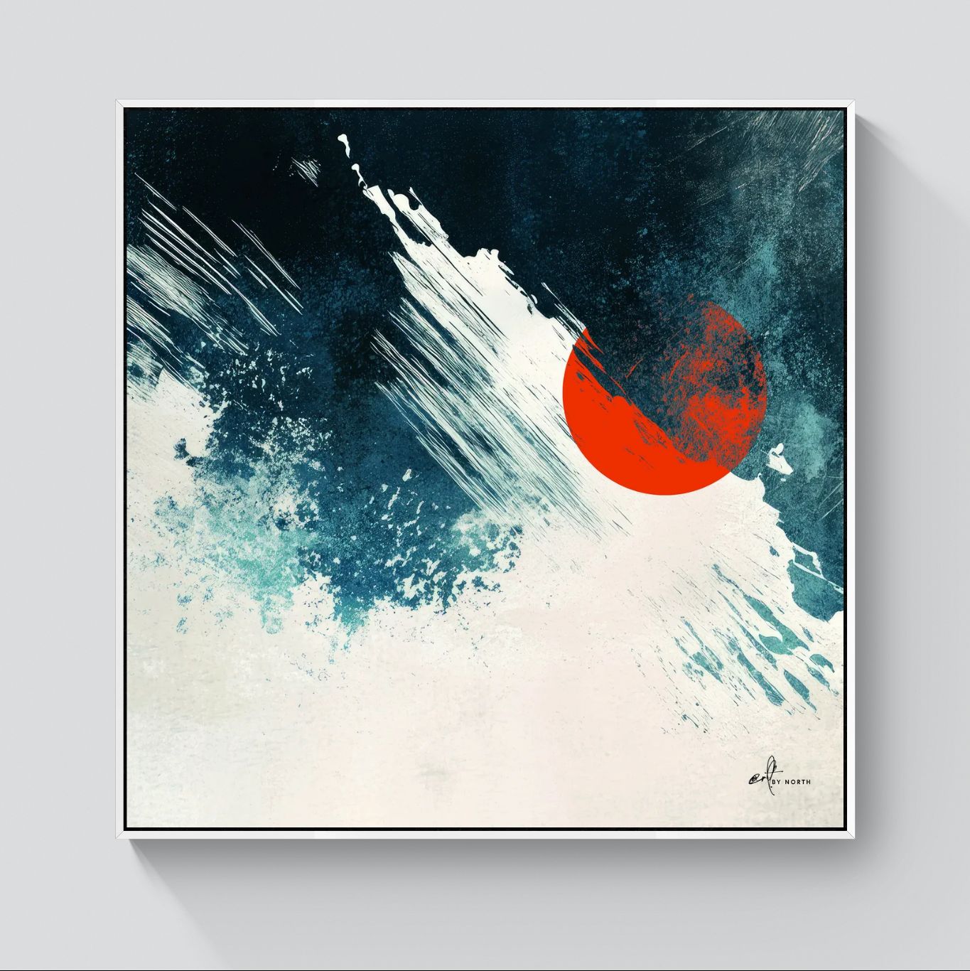 geometric abstract canvas wall art with white floater frame displayed on white wall