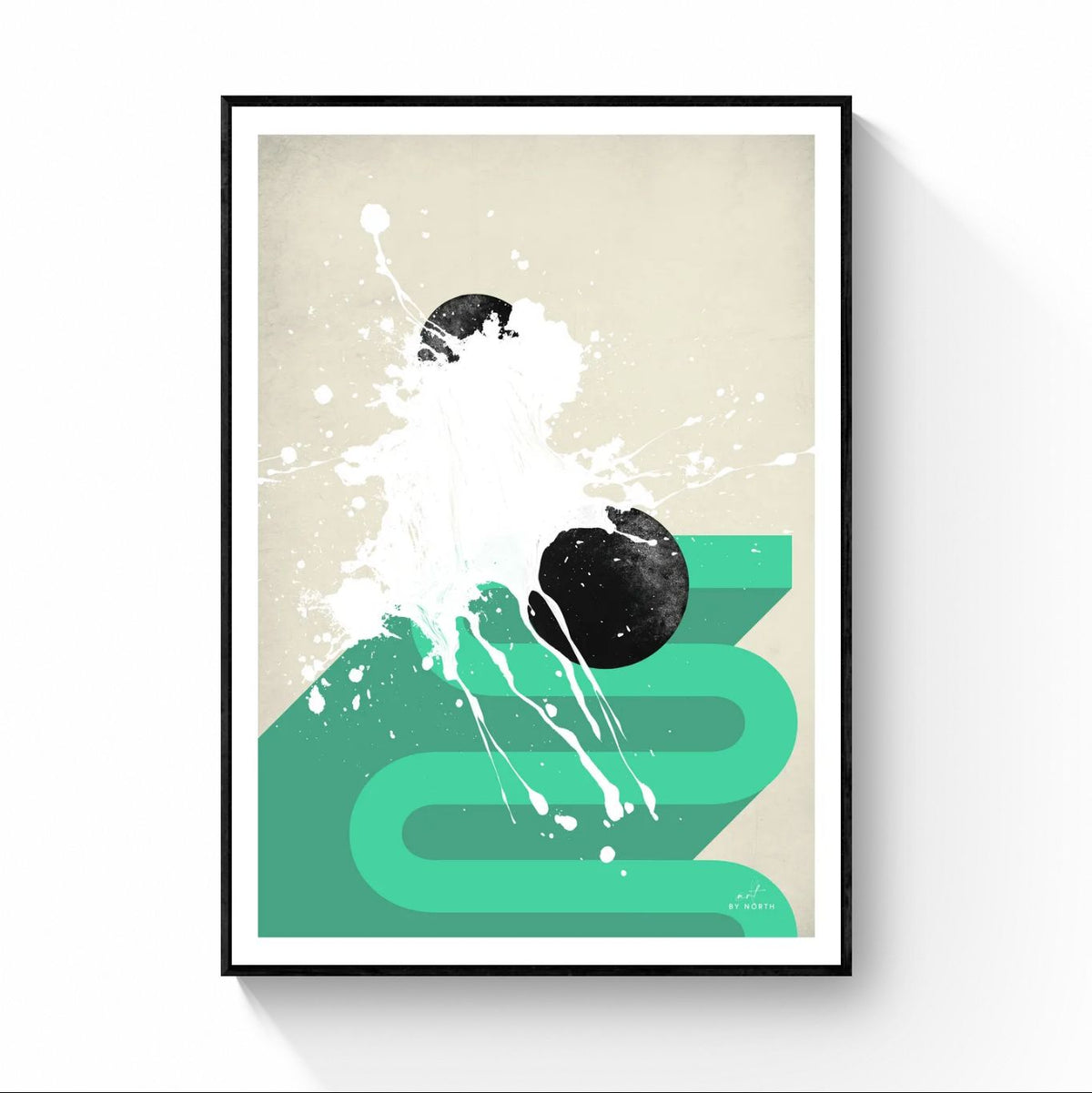 geometric abstract canvas wall art with black floater frame on neutral wall