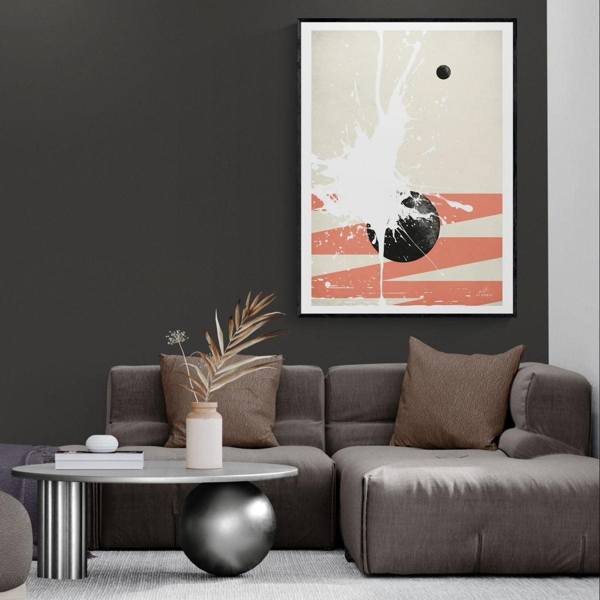 geometric abstract wall canvas art in living room with dark gray contrast wall