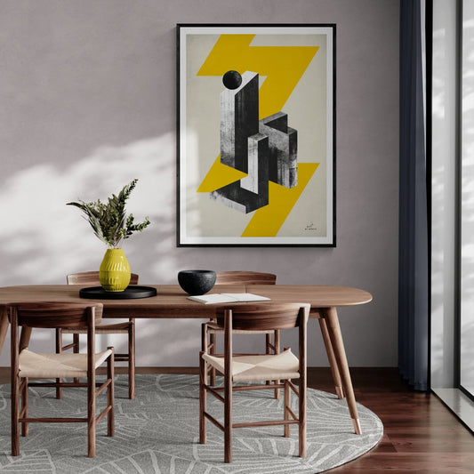 geometric abstract wall art in stylish living room on light grey wall