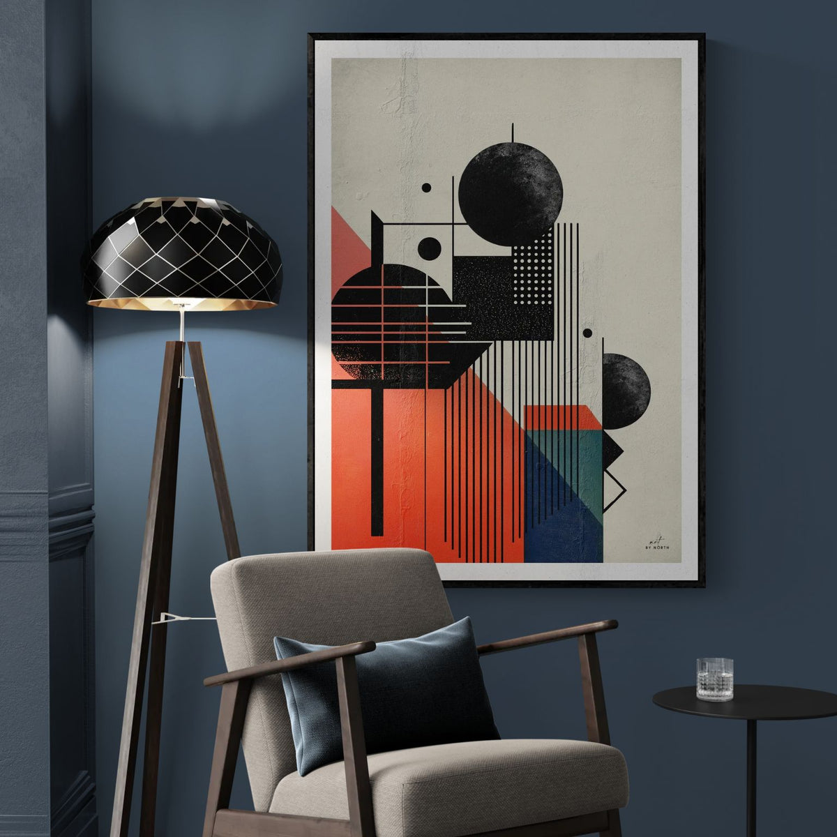 geometric abstract wall art in modern living room with bold shapes and structured composition