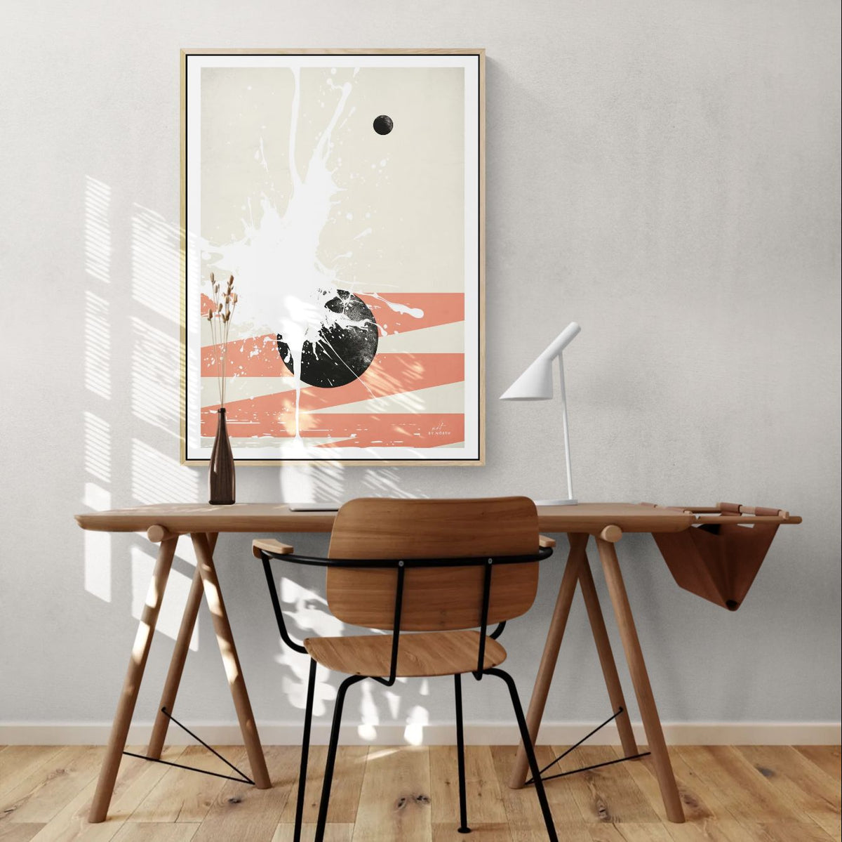 geometric abstract wall art in office interior with graphic design and warm accent tones