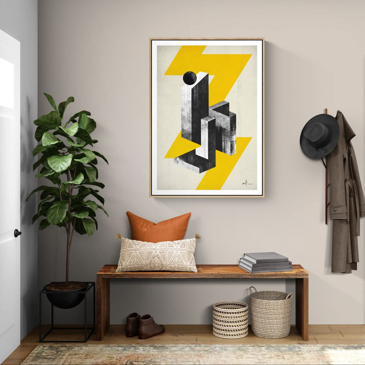 geometric abstract wall art in hallway with strong vertical forms and modern design