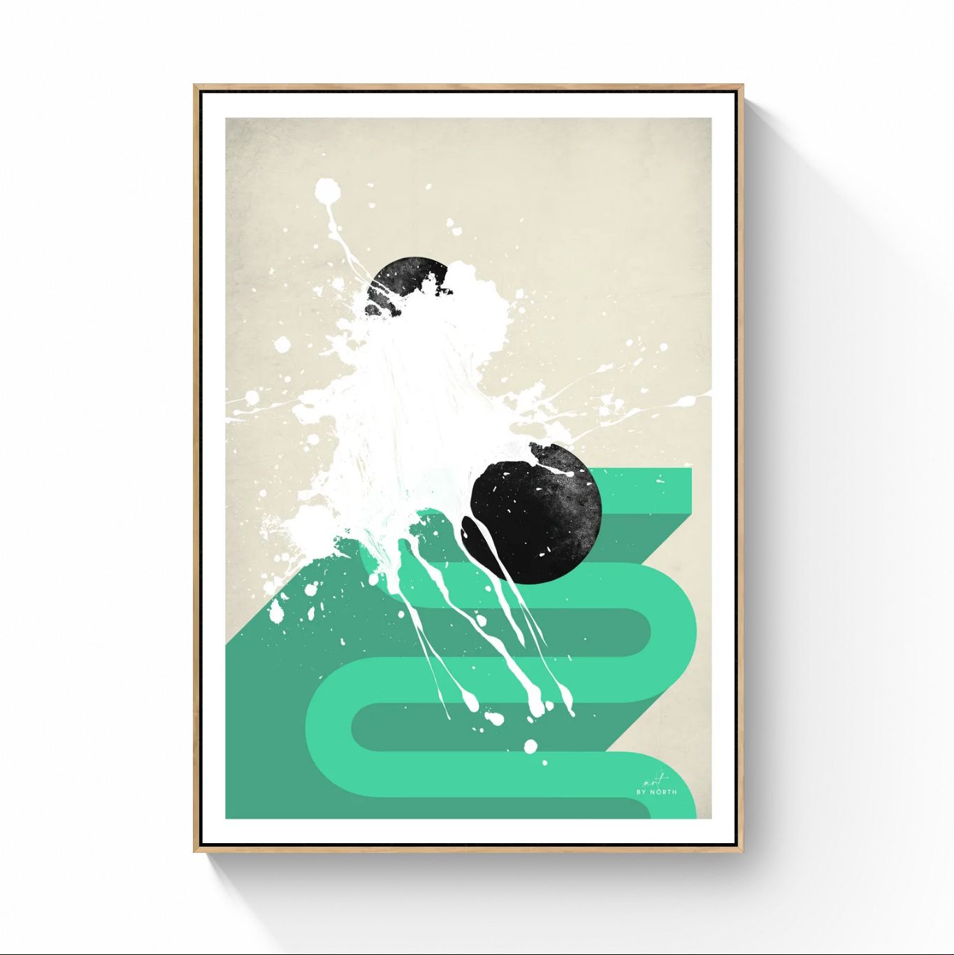 geometric abstract canvas wall art with oak foater frame on neutral wall