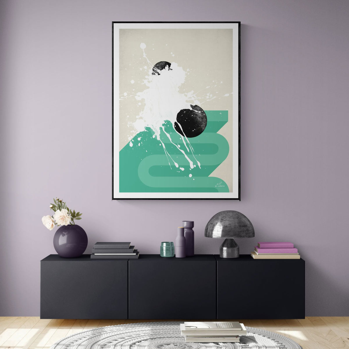 geometric abstract wall art in living room with dusty lilac wall