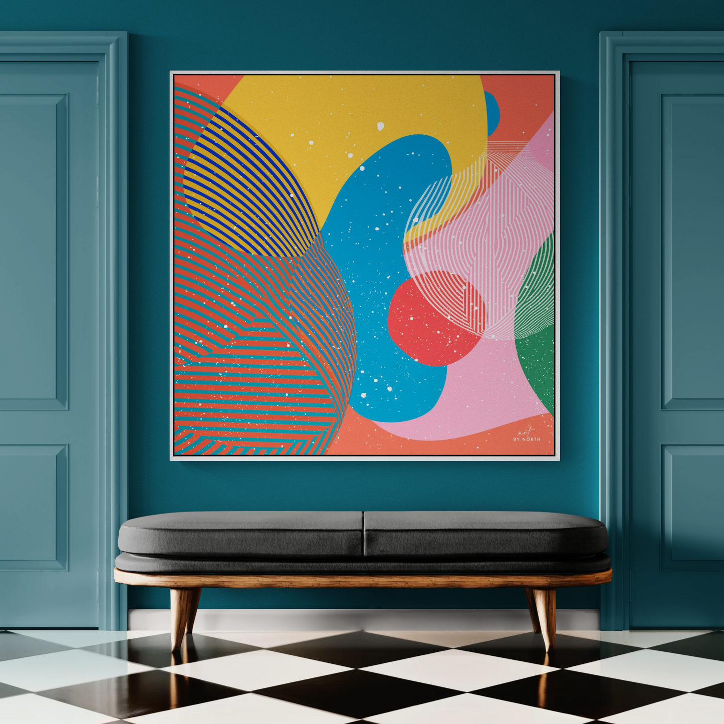 geometric wall art print with layered shapes and structured composition in contemporary interior space
