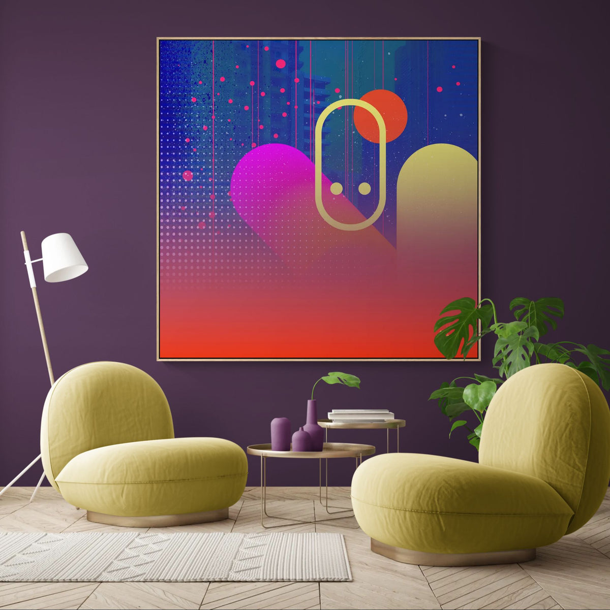 geometric abstract wall art with neon gradient colors in modern interior setting