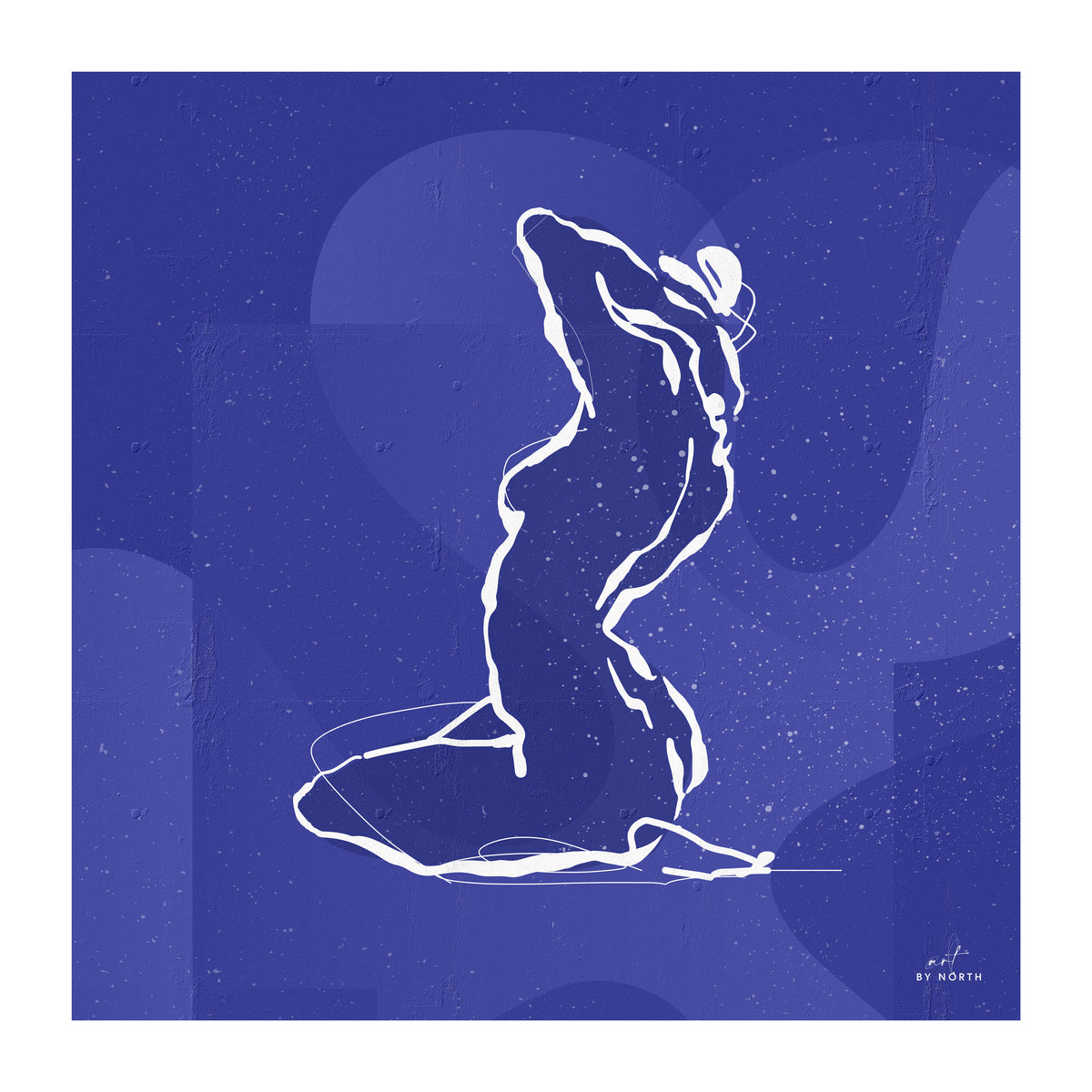minimalist wall art with white line art figure on deep blue background