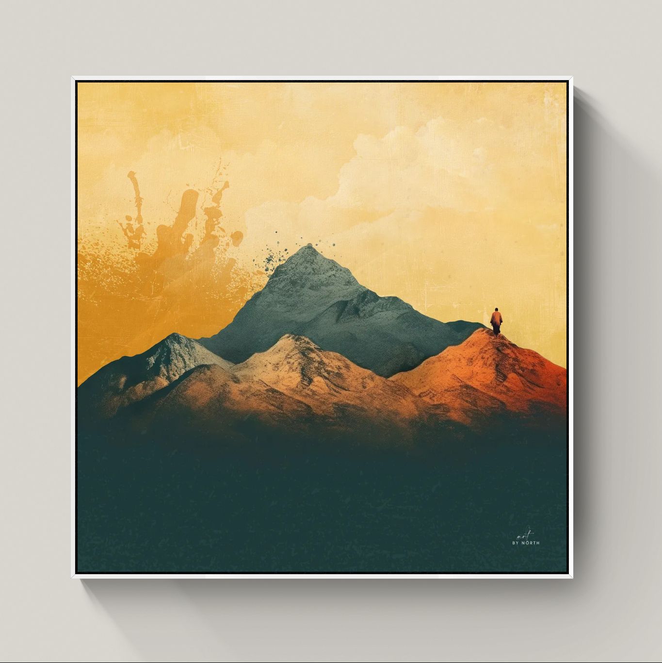 minimalist landscape canvas print with white floater frame and warm atmospheric tones