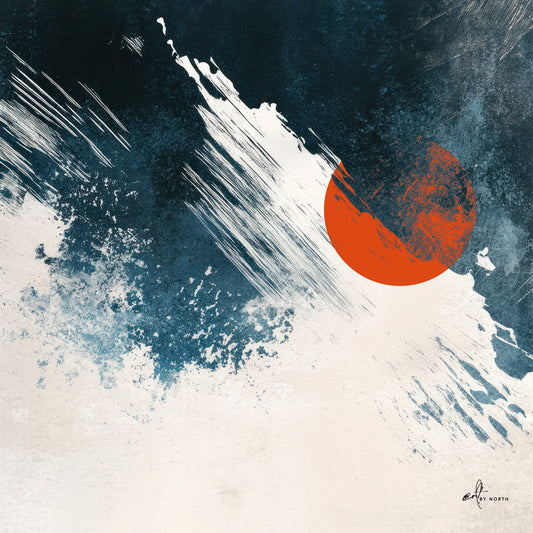 lunar surf geometric abstract wall art with deep blue texture white brush strokes and red circular form