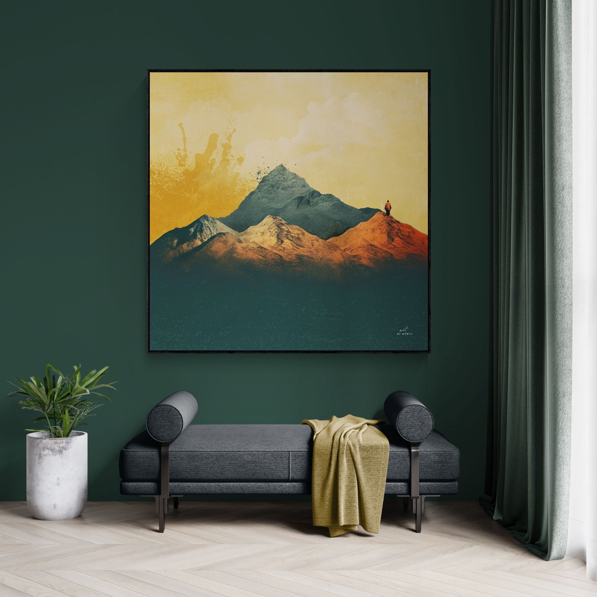 minimalist landscape wall art canvas print in modern living room with mountain scenery and warm tones
