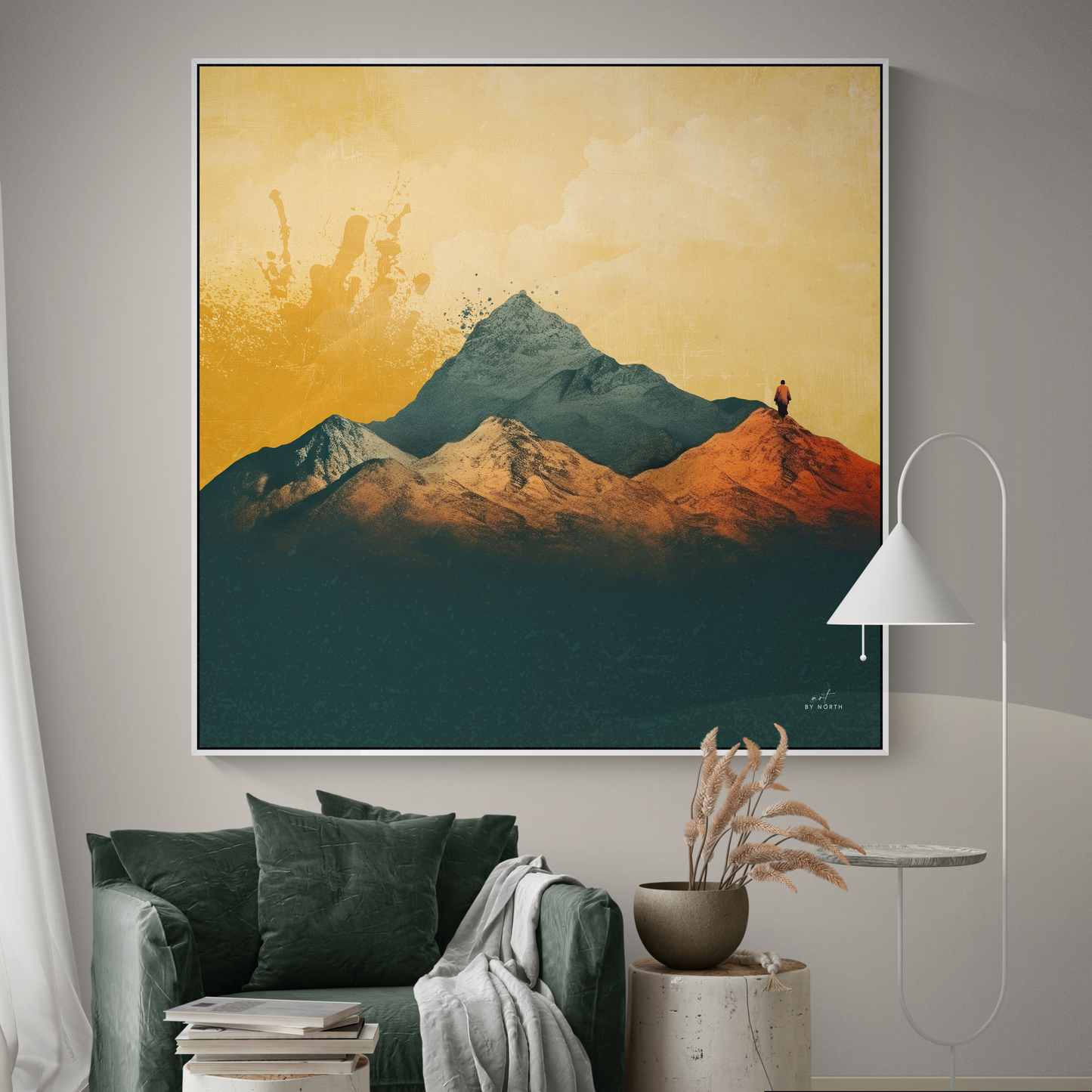 minimalist calm  landscape wall art canvas print with mountain and warm tones