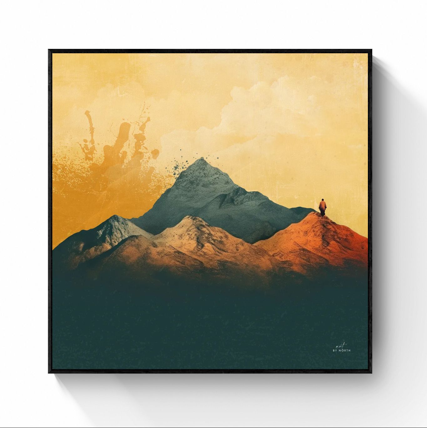 minimalist landscape canvas wall art with black floater frame and mountain composition