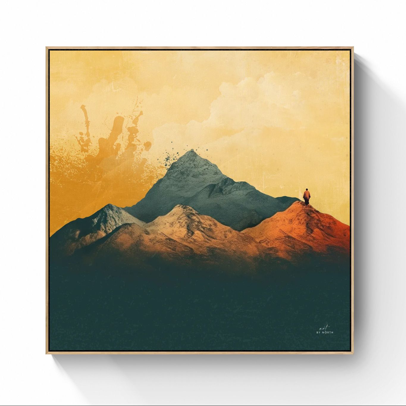 minimalist landscape canvas wall art with oak floater frame and natural mountain tones