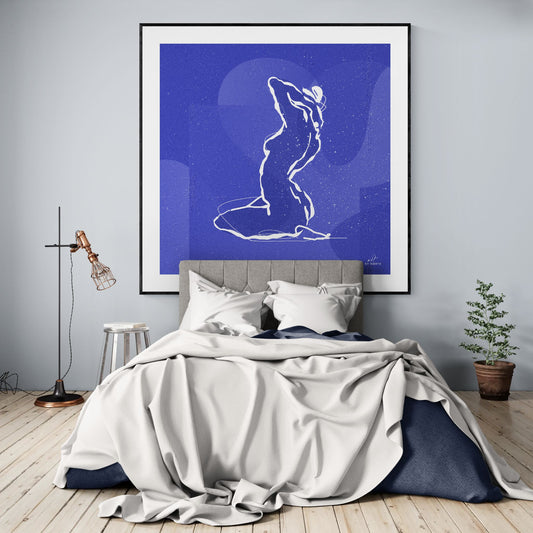 minimalist wall art with line figure creating calm atmosphere in bedroom