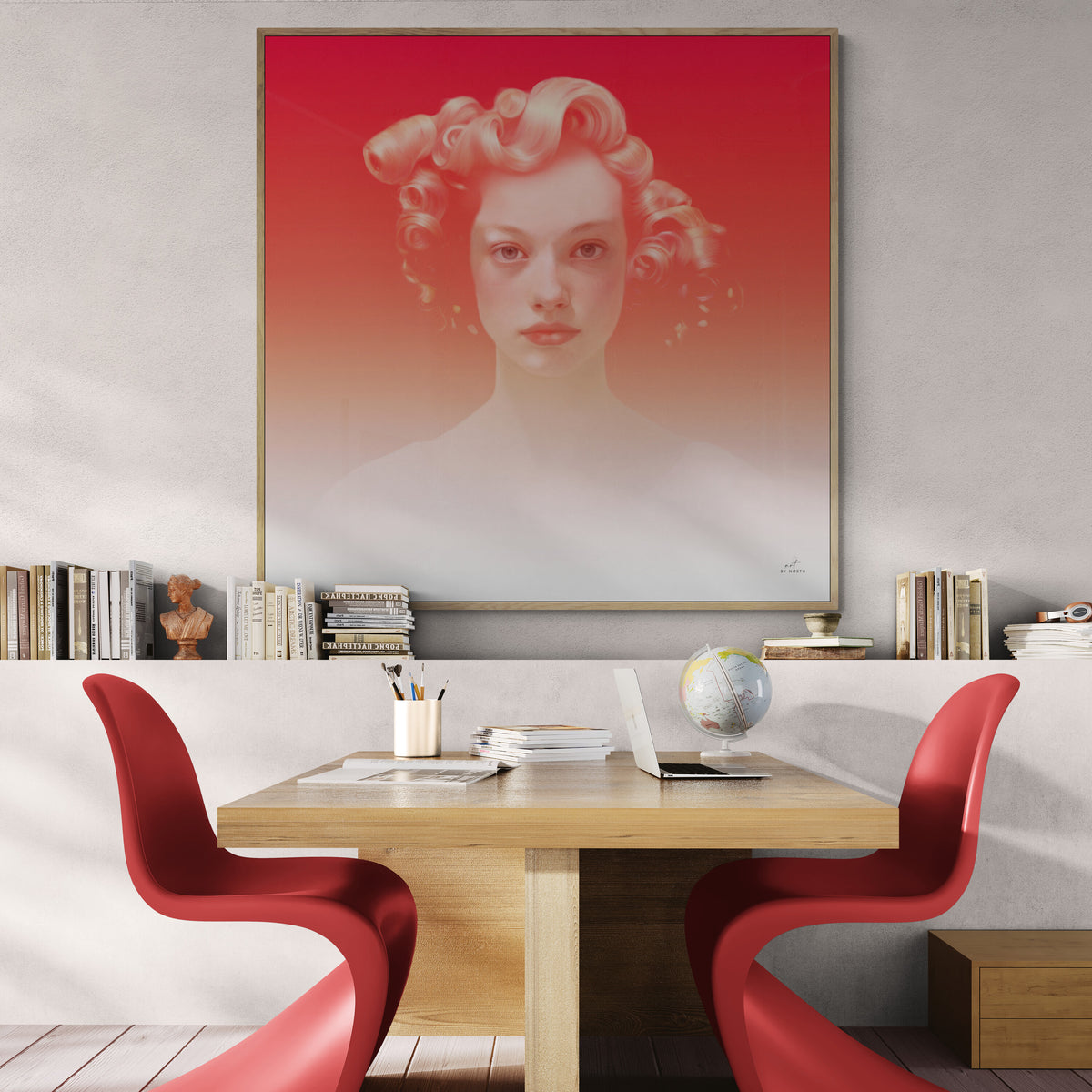 minimalist wall art with soft portrait and gradient tones in warm contemporary interior