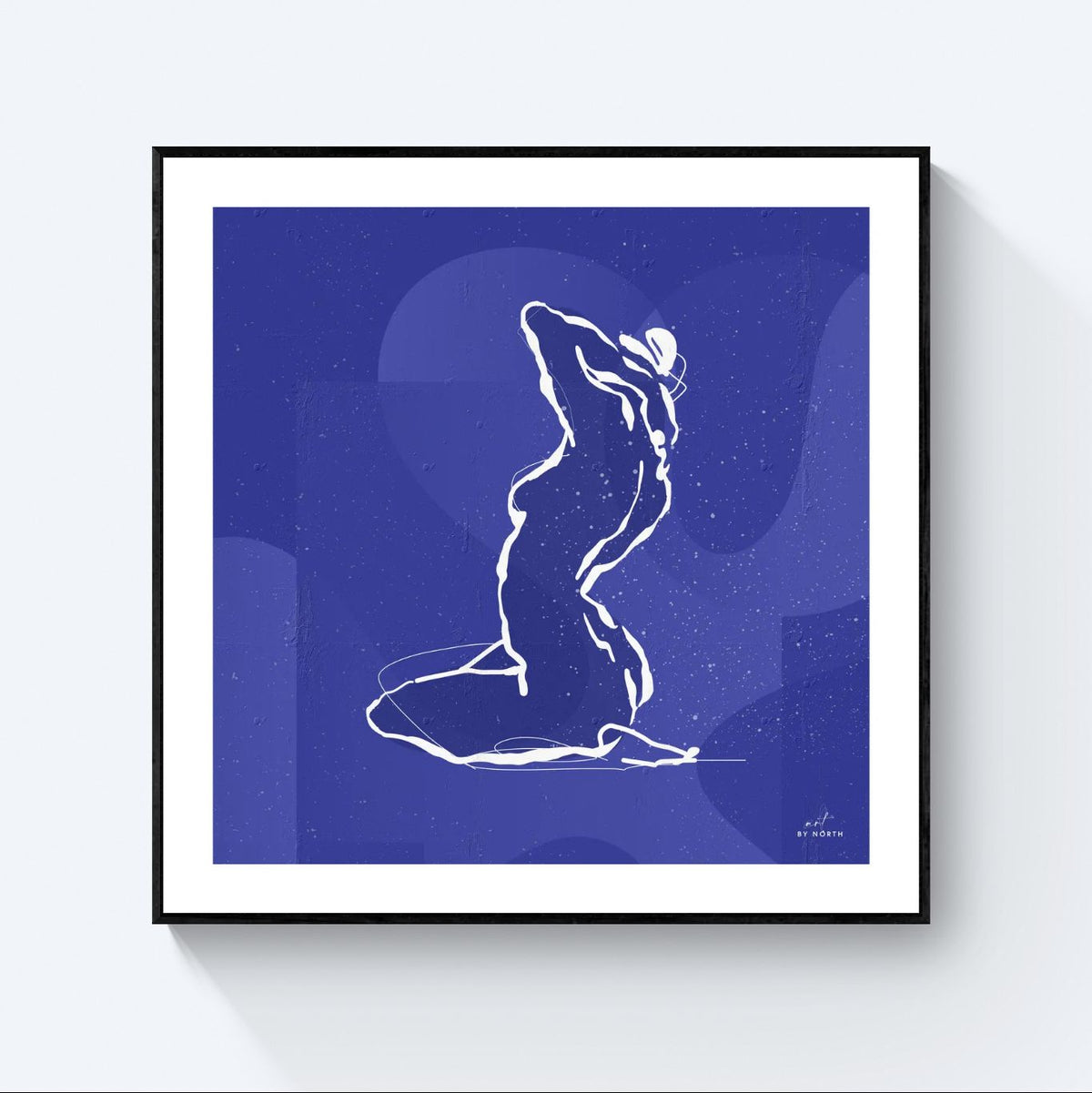minimalist line art wall art with black frame on blue background