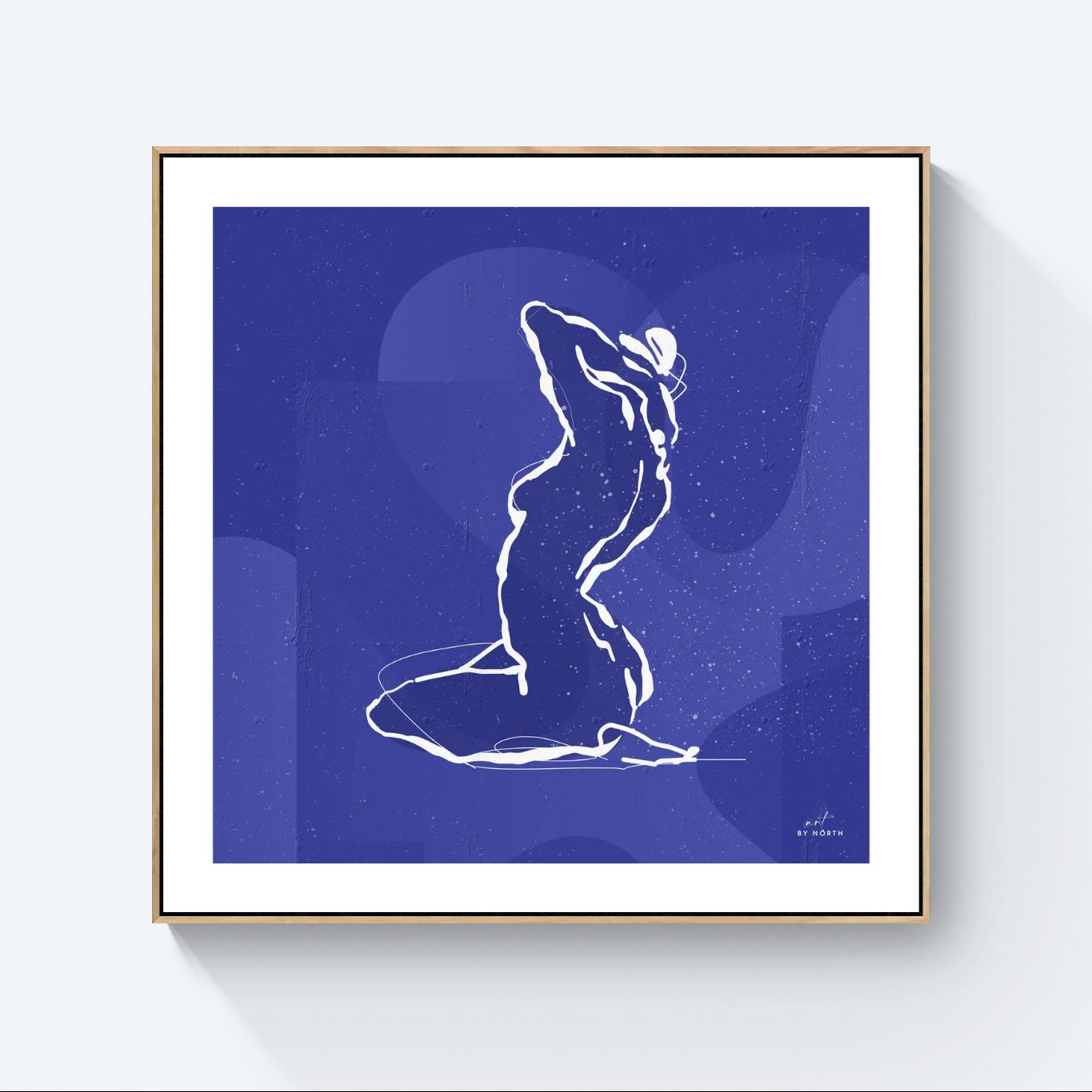 minimalist line art wall art with oak frame adding warmth to space