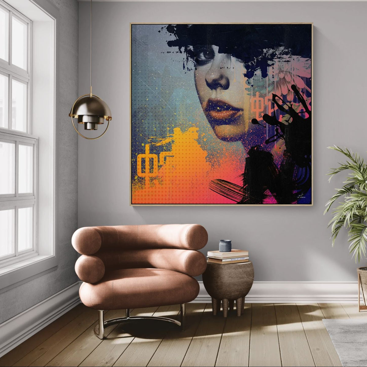 modern wall art with figurative abstract portrait and bold colors in contemporary living room