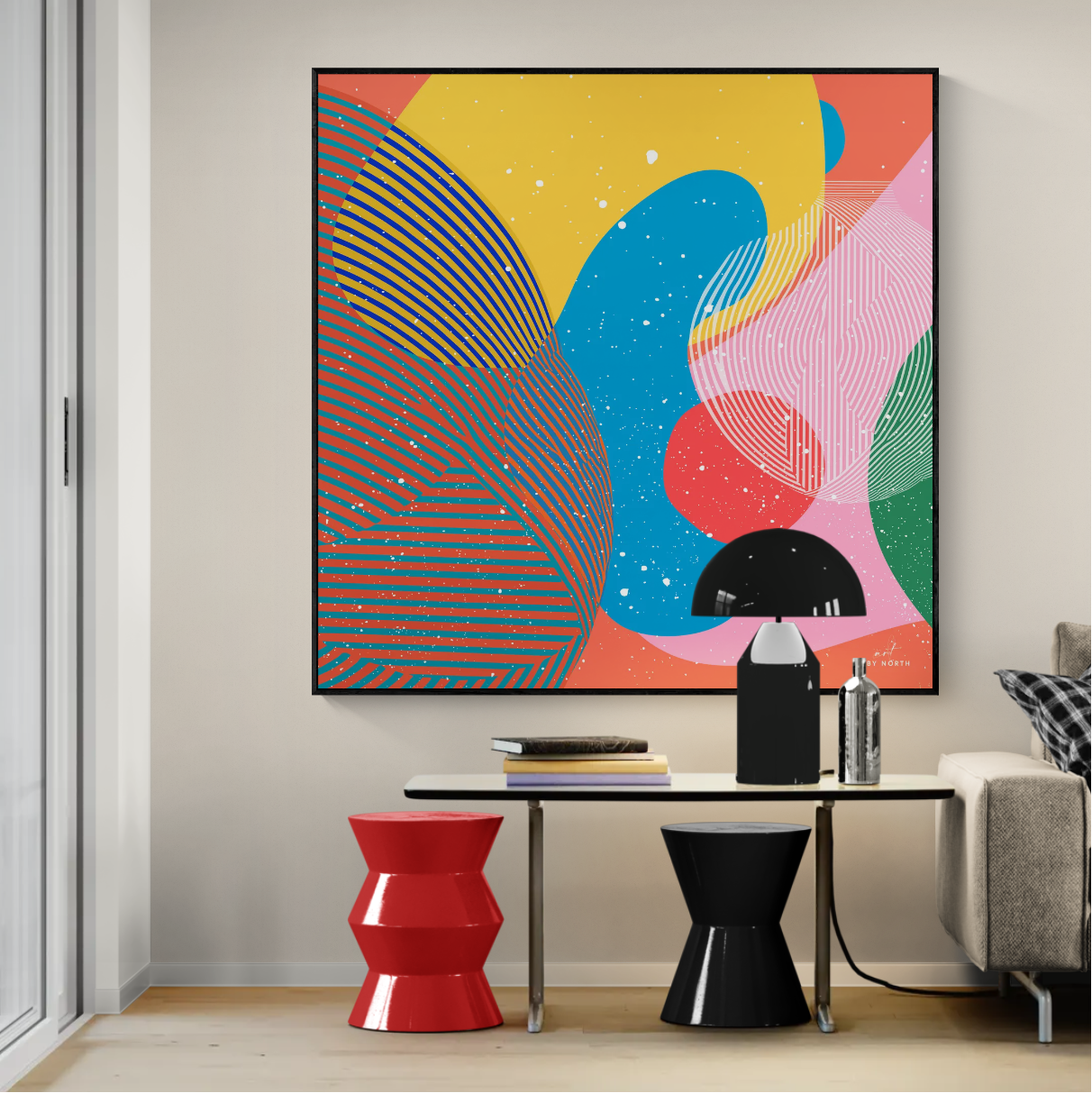 modern abstract wall art with geometric composition and strong contrast in creative office environment