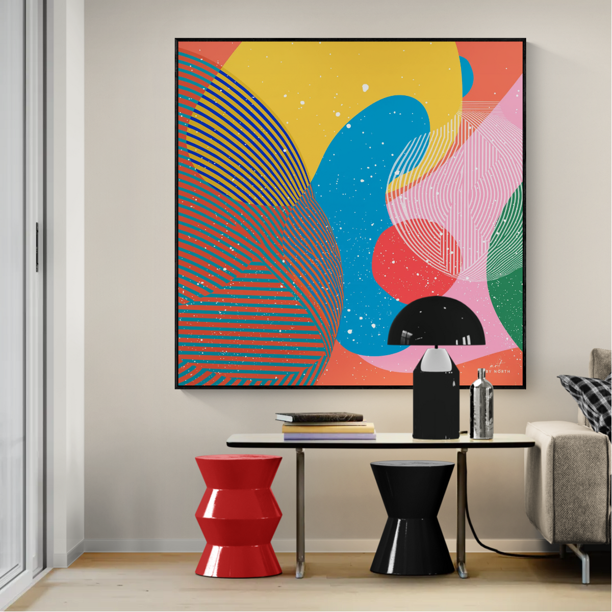 modern abstract wall art with geometric composition and strong contrast in creative office environment