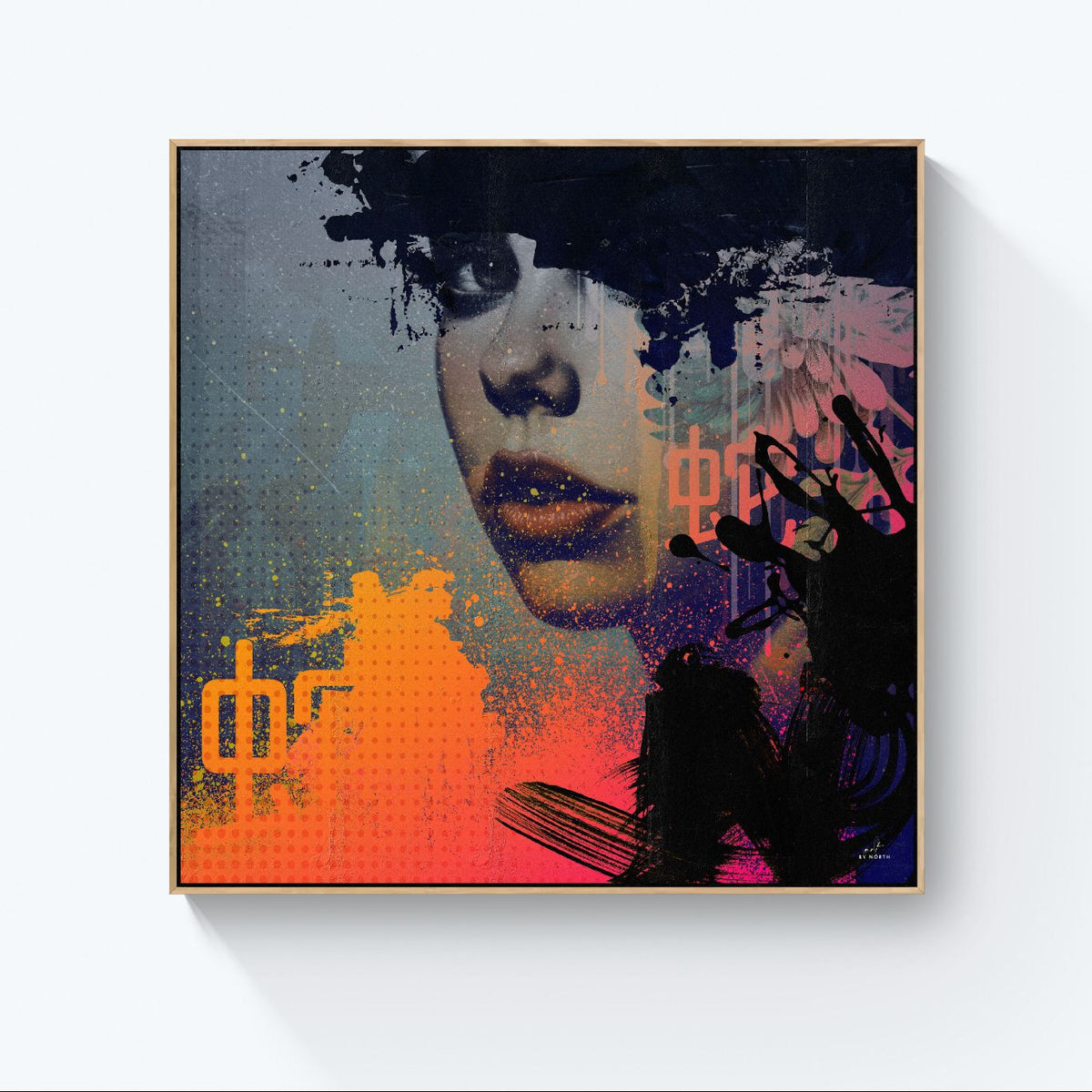modern figurative wall art with oak floater frame on white wall