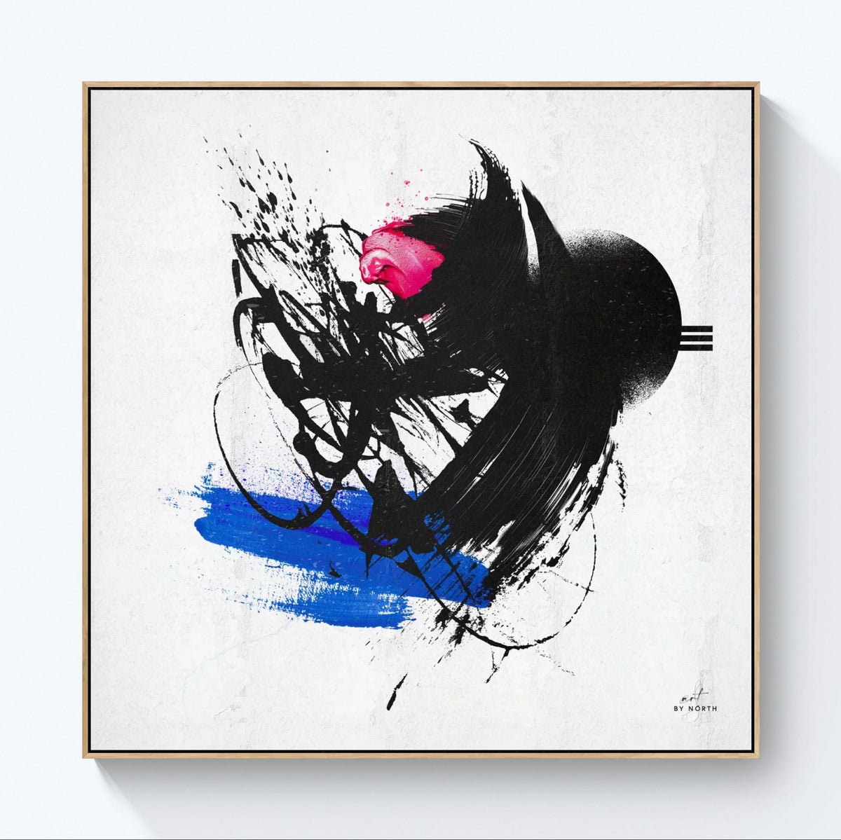 modern abstract wall art with oak frame on white wall