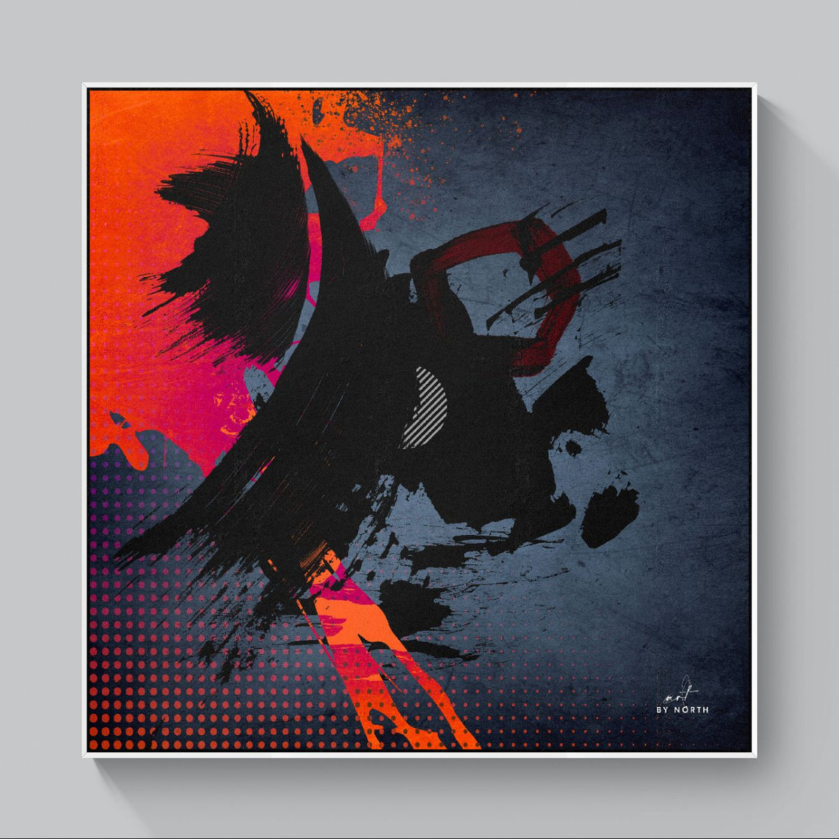 modern wall art with white frame balancing dark abstract composition