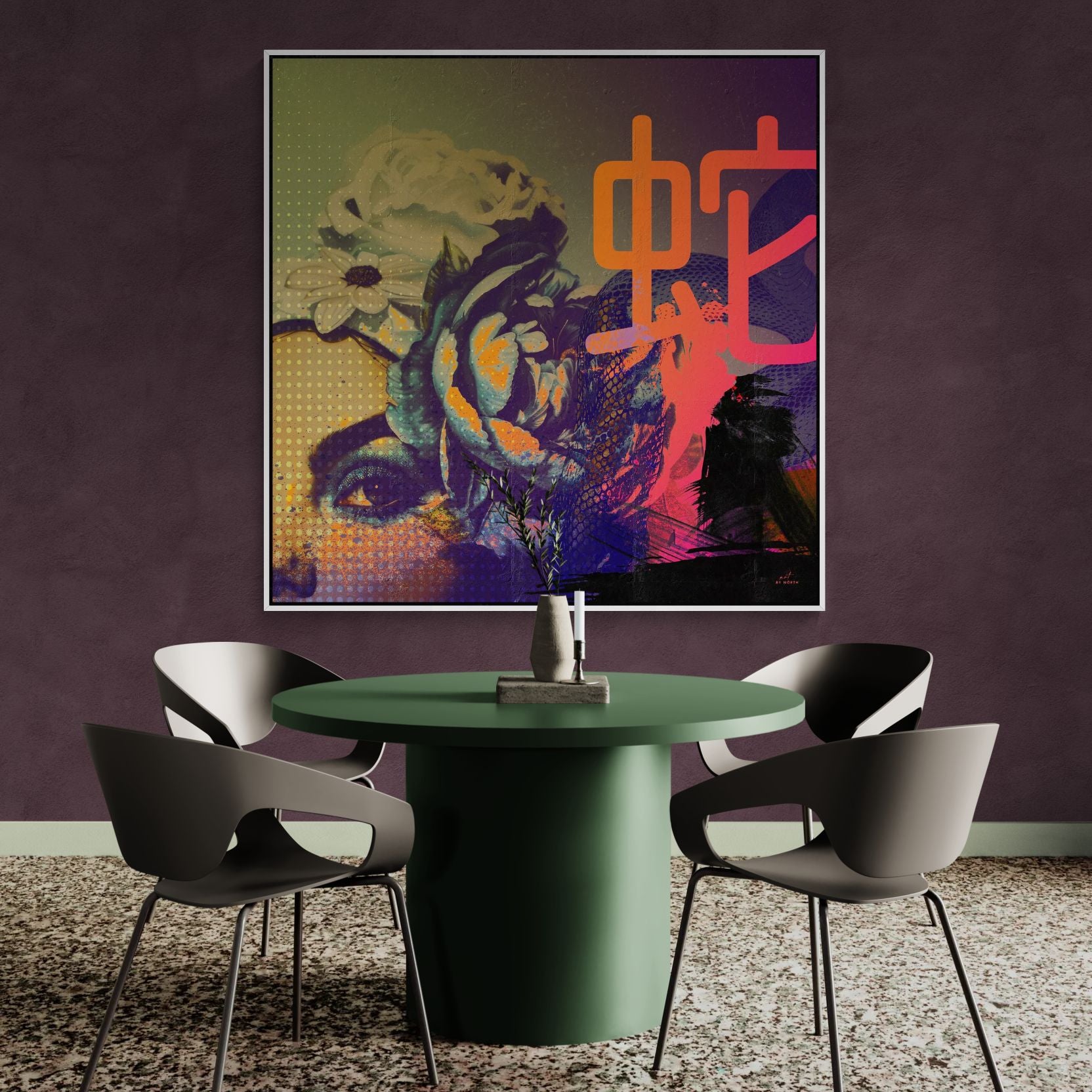 modern wall art with figurative abstract portrait and floral elements in contemporary dining room