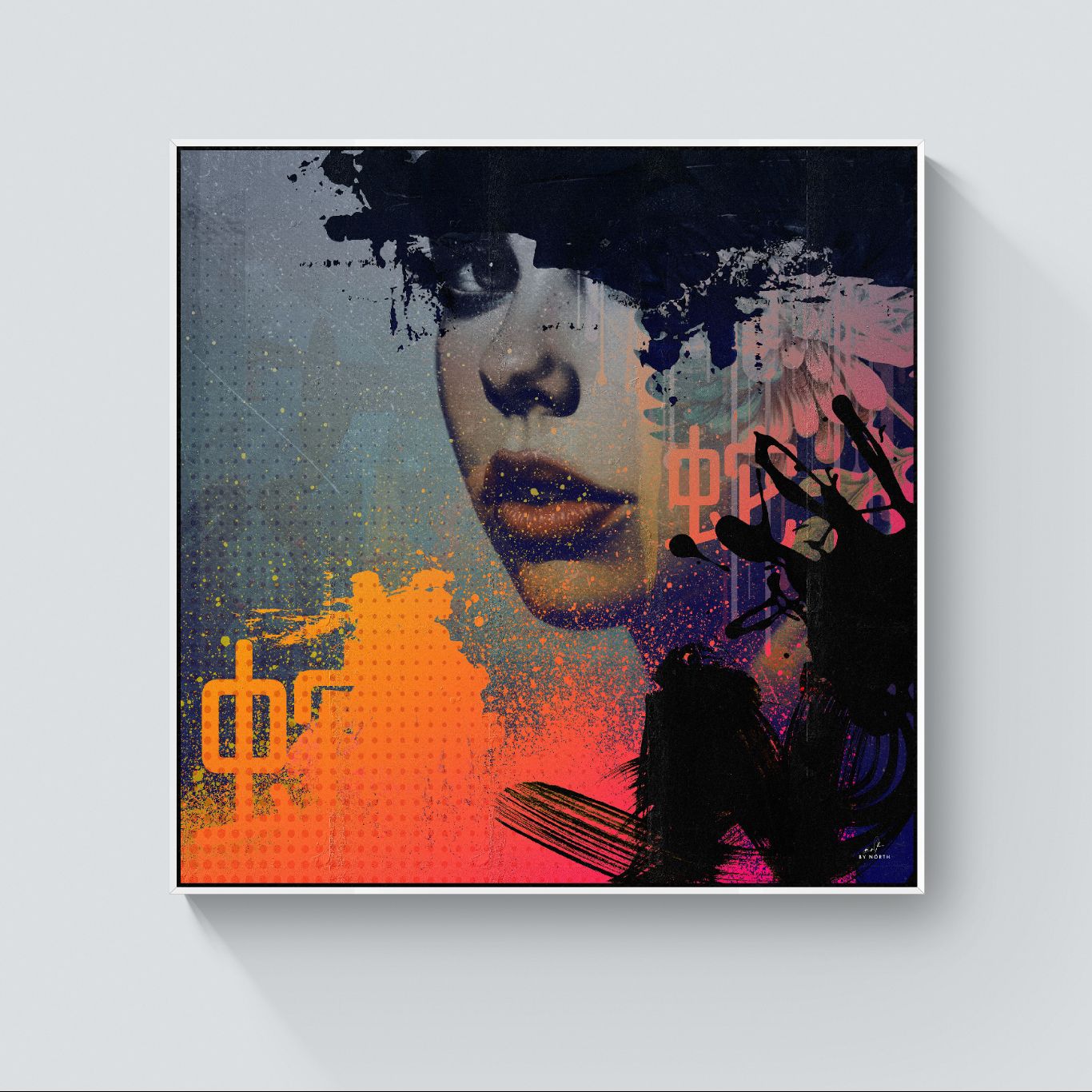 modern wall art with white frame balancing dark tones and vibrant colors