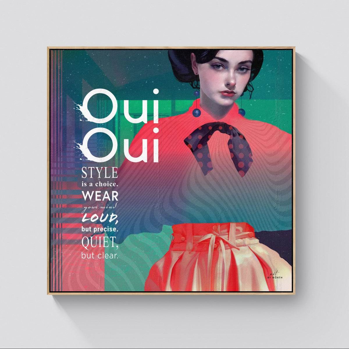 modern figurative fashion wall art with oak frame softening graphic elements and tones