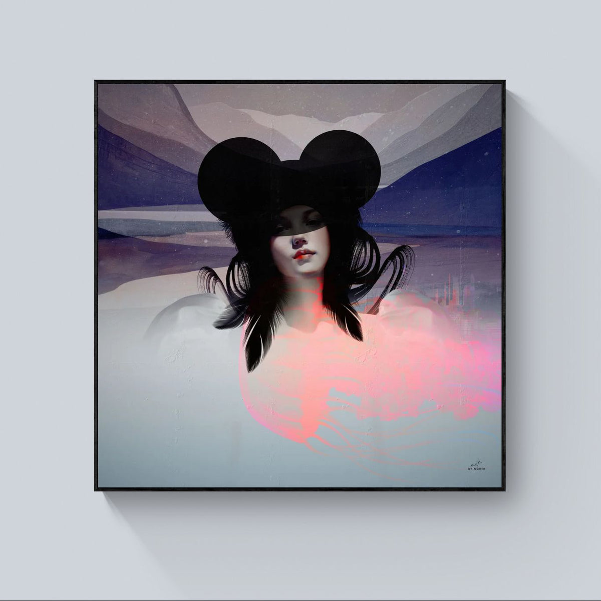 modern figurative wall art with black frame on white wall